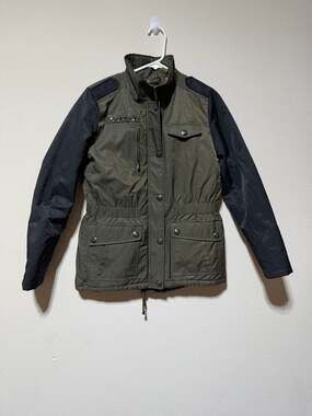 Laundry by Shelli Segal Olive Green and Black Studded Mixed Media Utility Jacket